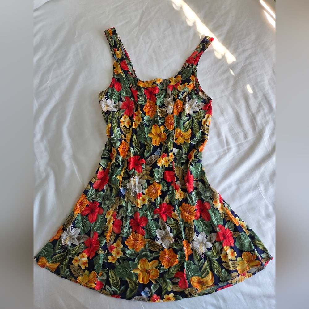 Y2K Victoria's Secret Navy Floral Slip Dress with Red, Yellow & White Flowers